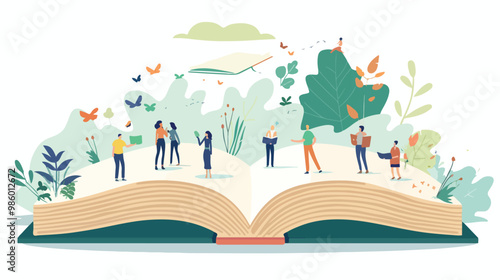 Giant Book with Tiny People Flat Illustration