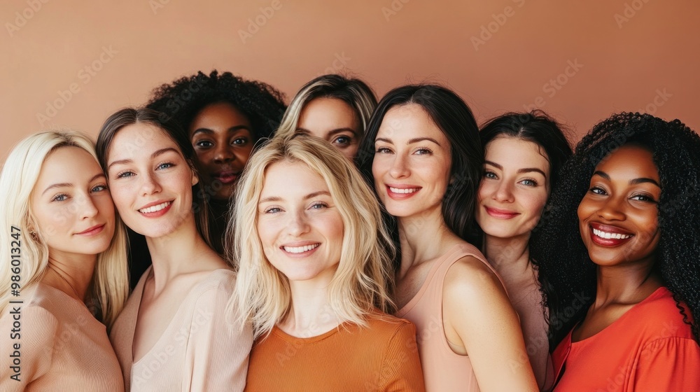Fototapeta premium A diverse group of women using different skincare products, representing various skin types and ages, all with healthy, glowing complexions, promoting inclusivity and personalized skincare