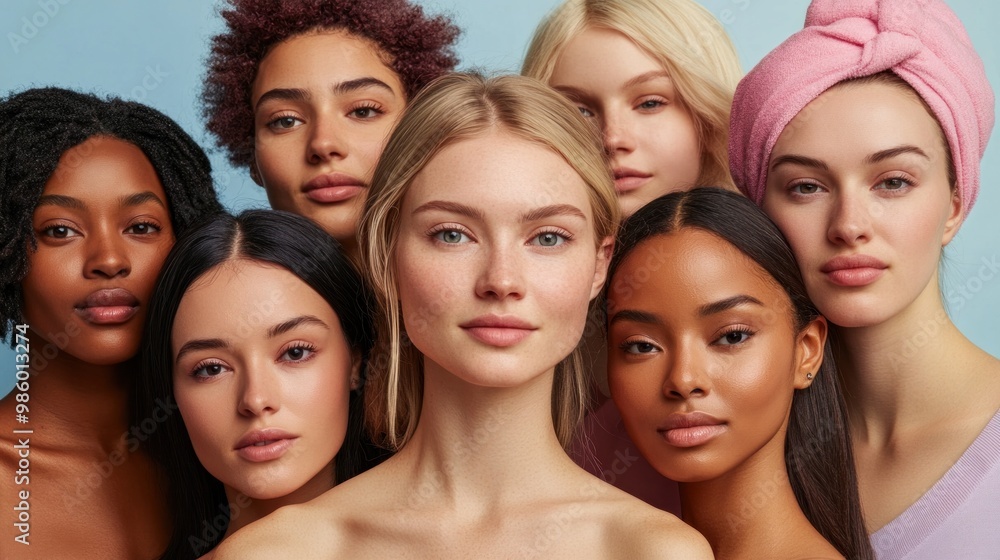A diverse group of women using different skincare products, representing various skin types and ages, all with healthy, glowing complexions, promoting inclusivity and personalized skincare A diverse group of women using different skincare products, representing various skin types and ages, all with healthy, glowing complexions, promoting inclusivity and personalized skincare
