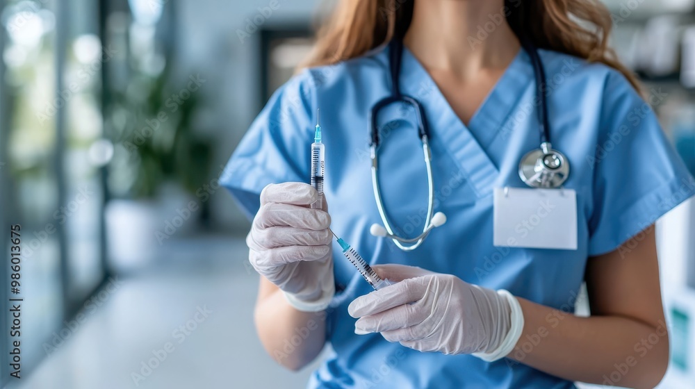 A doctor in blue medical scrubs and mask is holding a syringe with vaccine in a well-lit hospital setting, emphasizing the importance of immunization and healthcare services. A doctor in blue medical scrubs and mask is holding a syringe with vaccine in a well-lit hospital setting, emphasizing the importance of immunization and healthcare services.