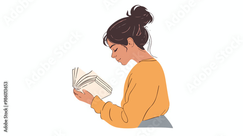 Young Woman with Hair Bun Enjoying Reading a Book in Flat Vector Isolated Illustration