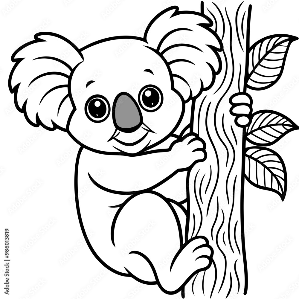 Playful Koala Clinging to a Tree Cute, Rounded Line Art Vector Playful Koala Clinging to a Tree Cute, Rounded Line Art Vector