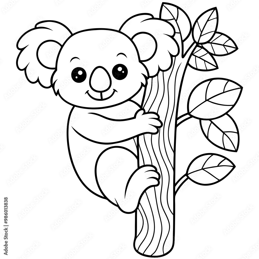 Playful Koala Clinging to a Tree Cute, Rounded Line Art Vector Playful Koala Clinging to a Tree Cute, Rounded Line Art Vector