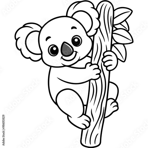 Playful Koala Clinging to a Tree Cute, Rounded Line Art Vector