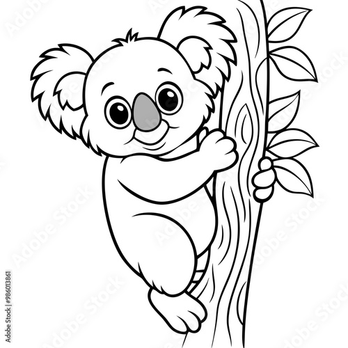 Playful Koala Clinging to a Tree Cute, Rounded Line Art Vector