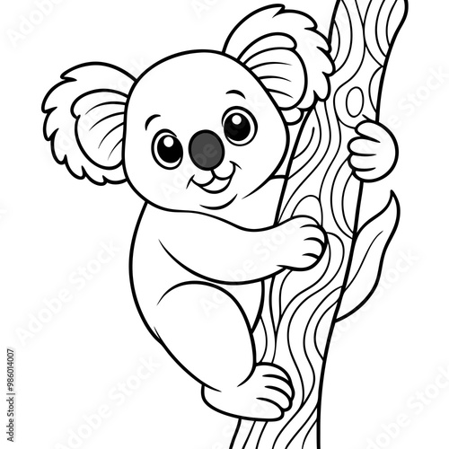 Playful Koala Clinging to a Tree Cute, Rounded Line Art Vector