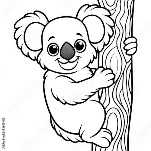Playful Koala Clinging to a Tree Cute, Rounded Line Art Vector