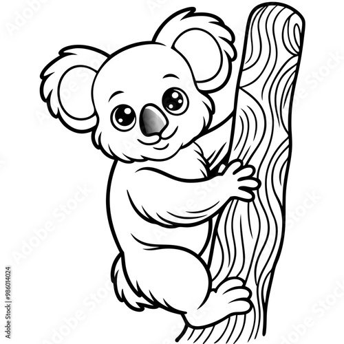 Playful Koala Clinging to a Tree Cute, Rounded Line Art Vector