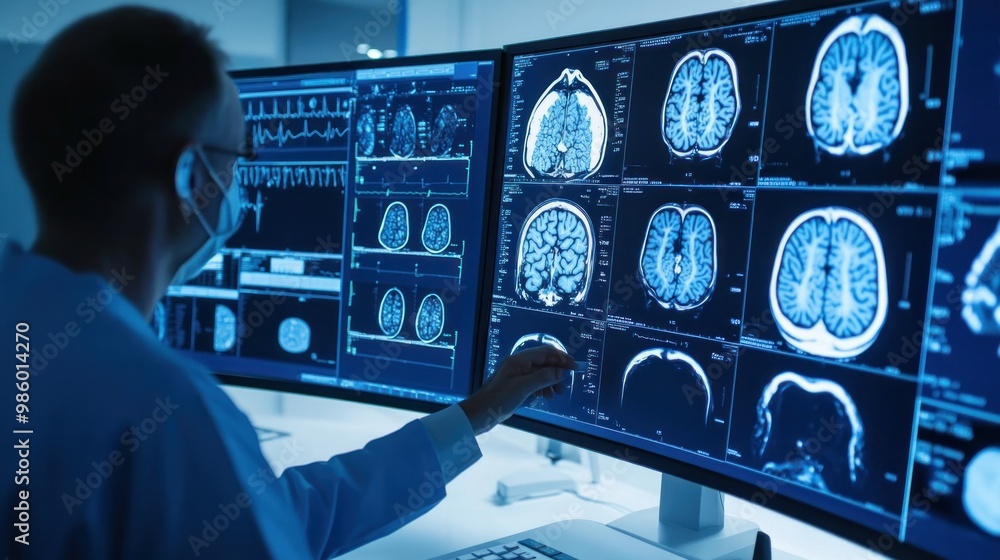 A high-resolution MRI scan being analyzed by medical professionals using AI technology to enhance imaging accuracy, A high-resolution MRI scan being analyzed by medical professionals using AI technology to enhance imaging accuracy,