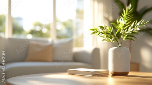 A minimalist white pot with a green plant is placed on a wooden table, with a blurred living room setting in the background, conveying a sense of calm and freshness. photo