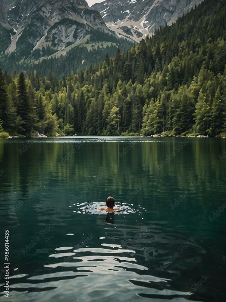 Person swimming in a serene lake surrounded by mountains. Person swimming in a serene lake surrounded by mountains.