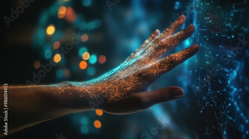 A human hand reaching out to touch a holographic interface, symbolizing the seamless integration of humans and technology,