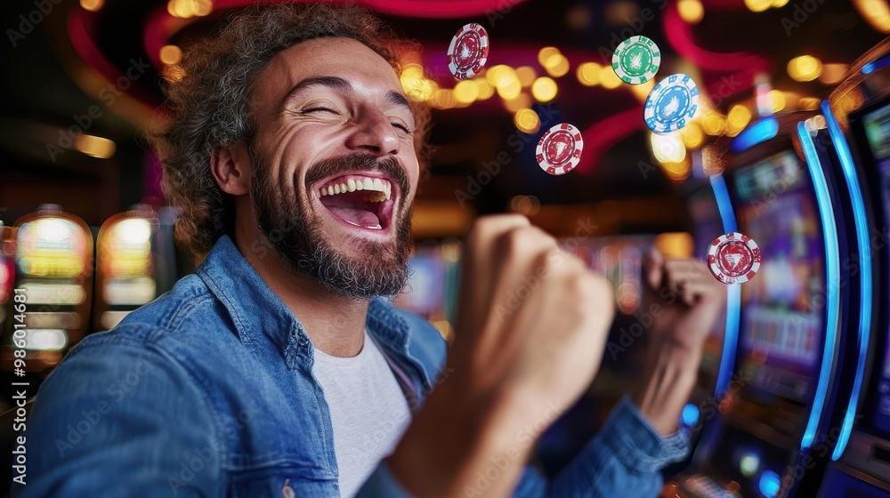 Fototapeta premium A person in a casino celebrates a big win, throwing poker chips in the air with excitement; vibrant lights and slot machines create a lively atmosphere.