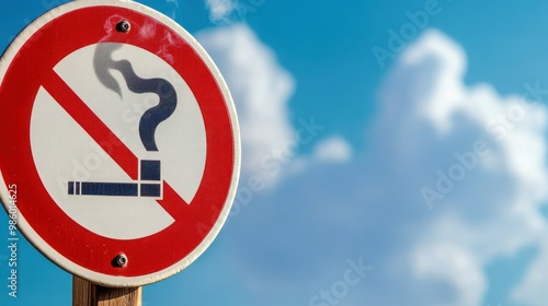 A clear no smoking sign is depicted against a blue sky with clouds, signaling a smoke-free zone and emphasizing the importance of clean air on private property. photo