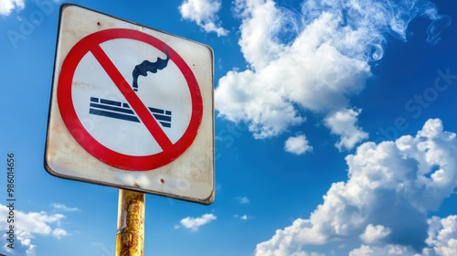 An aged no smoking sign is shown against a clear blue sky with clouds, symbolizing the timeless rule of maintaining smoke-free zones and promoting clean air spaces. photo