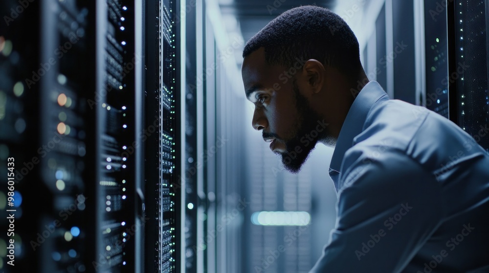 Fototapeta premium A network administrator overseeing multiple servers, configuring and maintaining them for optimal performance,