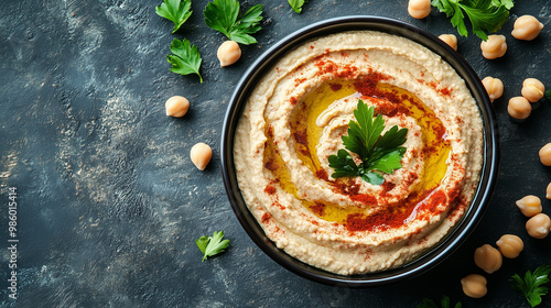 Classic Hummus with chickpeas, paprika, olive oil and oriental spices. Mediterranean popular snack of chickpeas and tahini pasta. Vew from above. Flat lay.