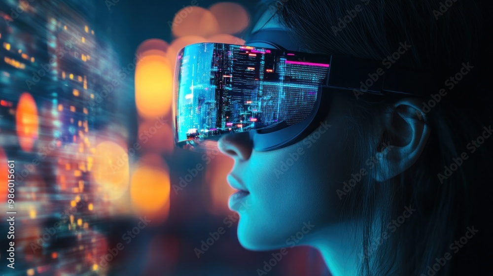 A person wearing augmented reality glasses, fully immersed in a tech-driven environment, representing human and technology integration, A person wearing augmented reality glasses, fully immersed in a tech-driven environment, representing human and technology integration,