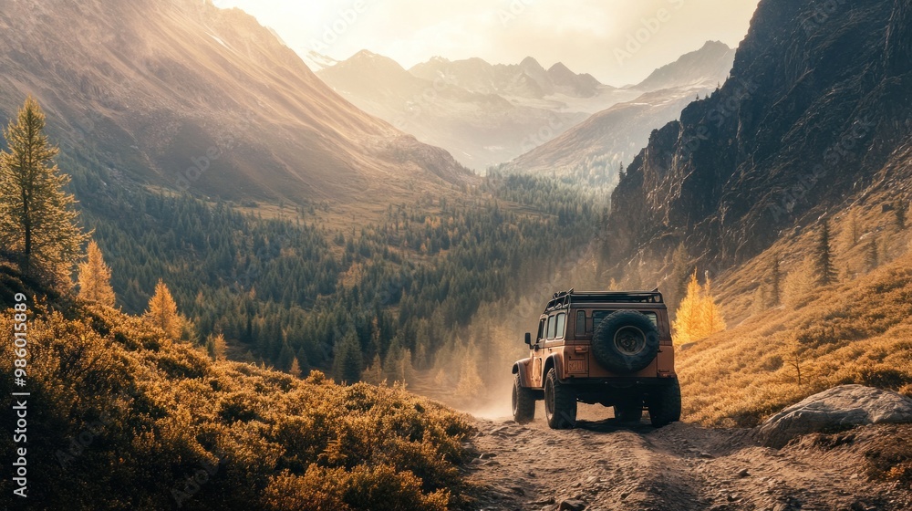 A rugged off-road vehicle driving through a remote mountain trail, far from the main highways, A rugged off-road vehicle driving through a remote mountain trail, far from the main highways,