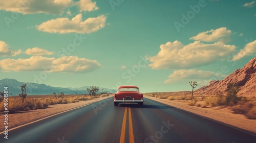 A retro road trip scene with a vintage car driving down a classic American highway, bringing back memories of the past,