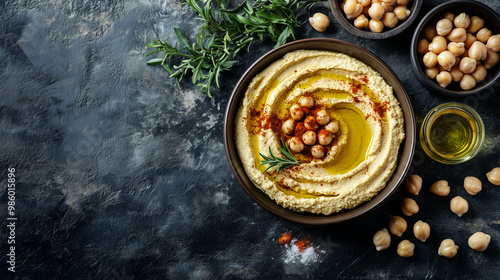 Classic Hummus with chickpeas, paprika, olive oil and oriental spices. Mediterranean popular snack of chickpeas and tahini pasta. Vew from above. Flat lay.