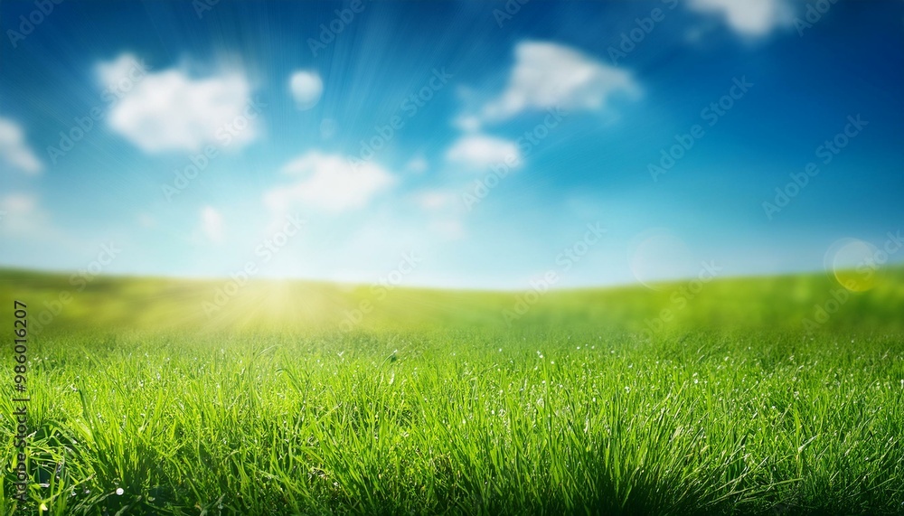 Sunny spring meadow blur background, blue sky to green grass gradient Sunny spring meadow blur background, blue sky to green grass gradient