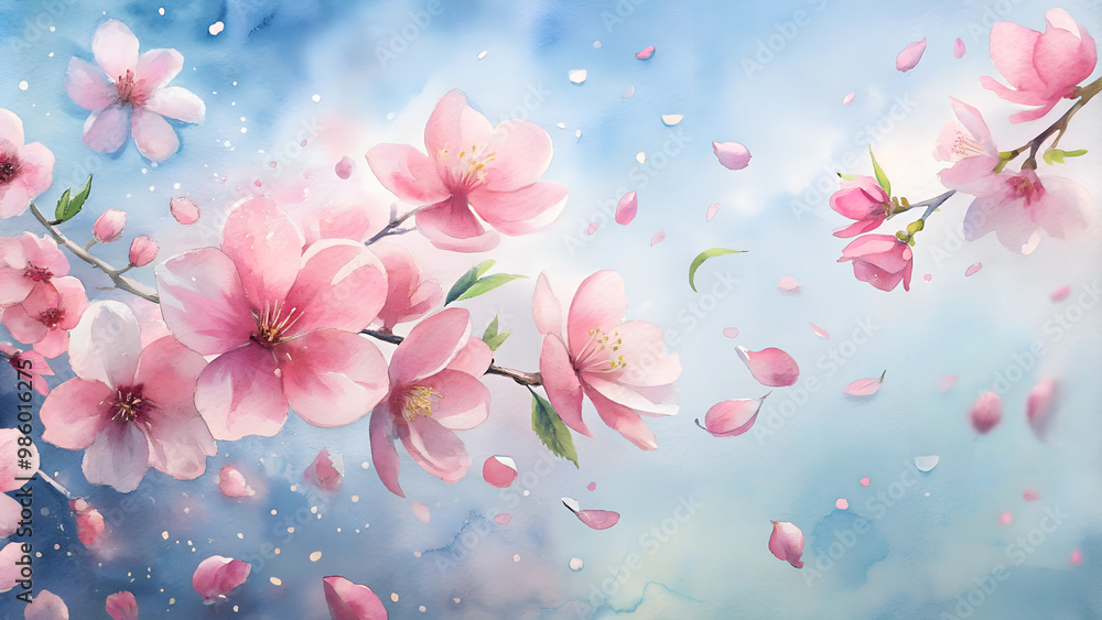 Delicate Watercolor Cherry Blossoms against a Soft Blue Sky, with a sense of beauty and renewal, representing National Day celebrations in China Delicate Watercolor Cherry Blossoms against a Soft Blue Sky, with a sense of beauty and renewal, representing National Day celebrations in China
