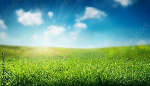 Sunny spring meadow blur background, blue sky to green grass gradient