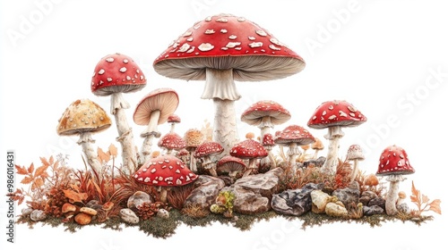 An enchanting fairy ring of mushrooms in various sizes, beautifully arranged on a transparent background. Ideal for whimsical designs or nature-themed projects. photo