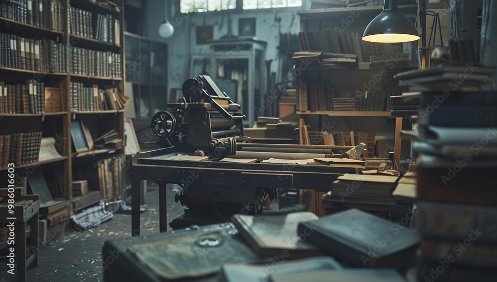 Naklejka premium A steam-powered printing press churning out books in a busy workshop