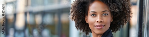 portrait of african american businesswoman standing outside office building with city background smiling