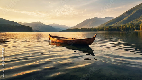 A rustic rowboat drifts on a calm lake, oars still, as the sun sets behind towering mountains photo