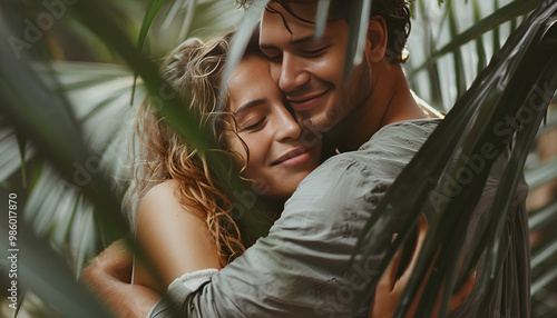 woman and man hugging sittilg under palm, summer vocation photo