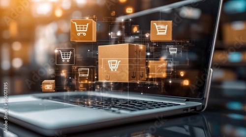 An array of e-commerce solutions displayed on a laptop, showing tools for managing inventory, payment gateways, and shipping integrations