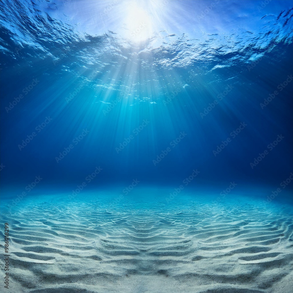 Fototapeta premium underwater background deep blue sea and beautiful light rays with sandy floor