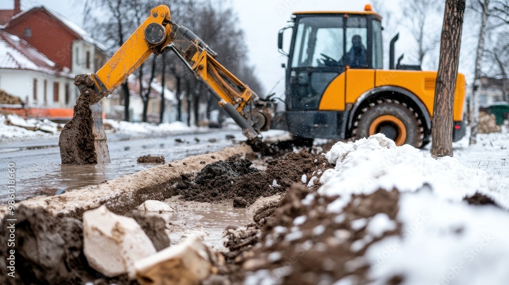 A yellow excavator digs into the mud on a snow-covered street, showcasing the power and utility of construction machinery in challenging weather conditions. A yellow excavator digs into the mud on a snow-covered street, showcasing the power and utility of construction machinery in challenging weather conditions.