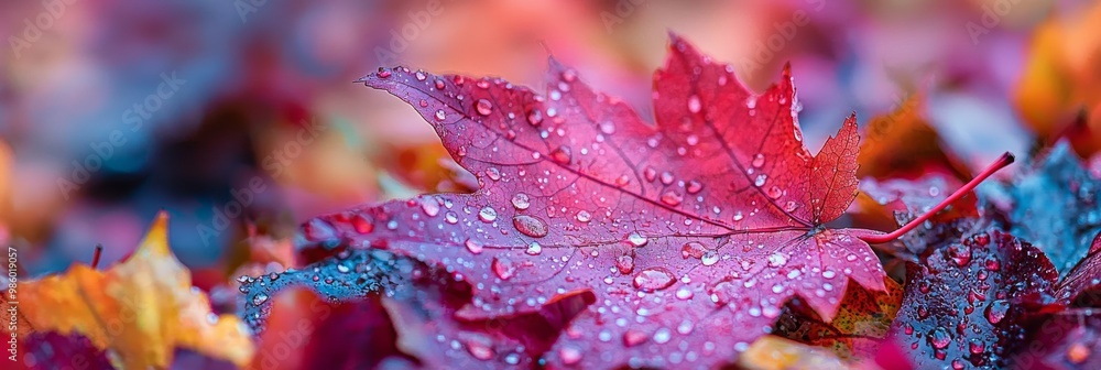 Maple Leaf Dew Covered Close Up. Fallen Leaves Fall Autumn Nature Shot. Maple Leaf Dew Covered Close Up. Fallen Leaves Fall Autumn Nature Shot.