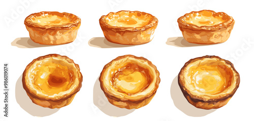 minimalist illustrations of pastel de nata (Portuguese custard tart) in soft textures and colors