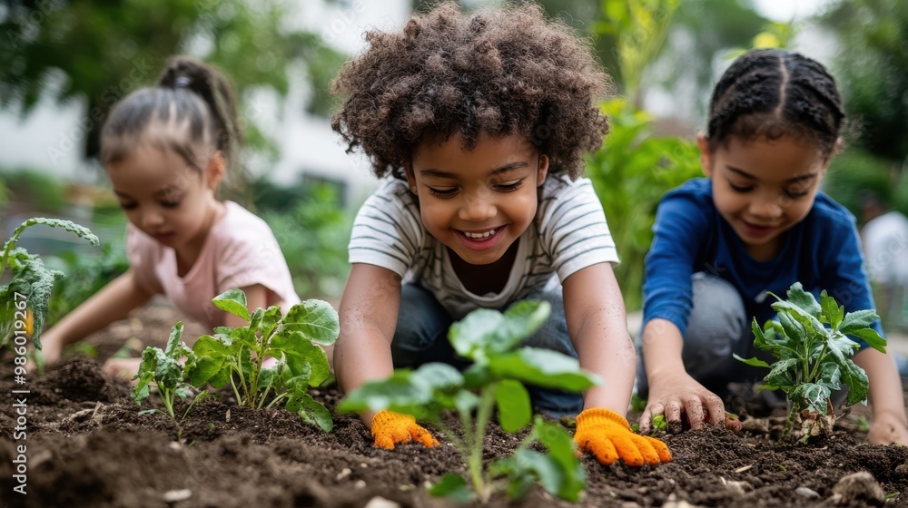 Three joyful children playfully plant and tend to lush, green plants in a bright, outdoor garden setting, portraying a sense of community and harmony with nature. Three joyful children playfully plant and tend to lush, green plants in a bright, outdoor garden setting, portraying a sense of community and harmony with nature.
