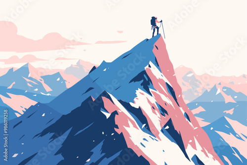 poster of a climber who has ascended a high snowy mountain and is planting a flag at the summit, above the clouds, in colorful flat vector silhouette style, with space available for text in the sky photo