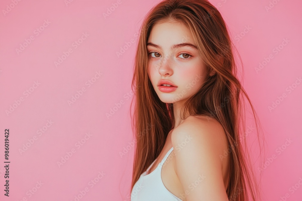 photograph of Young tall thin girl with long soft brown hair wearing white inner wear posing over pink color background. photograph of Young tall thin girl with long soft brown hair wearing white inner wear posing over pink color background.