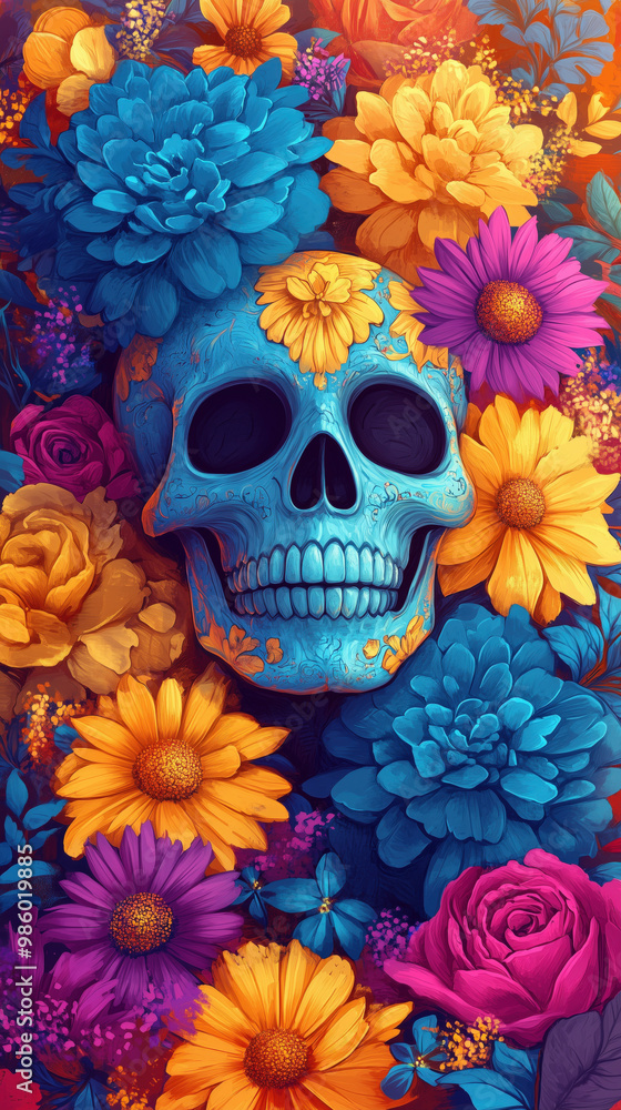 Vibrant skull surrounded by colorful flowers, celebrating life and death Vibrant skull surrounded by colorful flowers, celebrating life and death