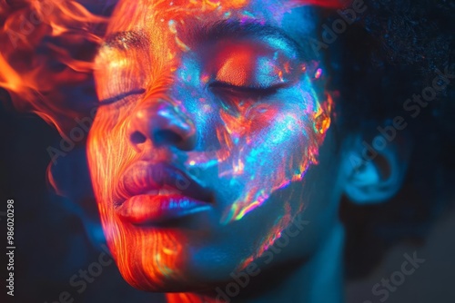 Surreal portrait, holographic effects, trippy abstract design, ethereal unreal visual experience