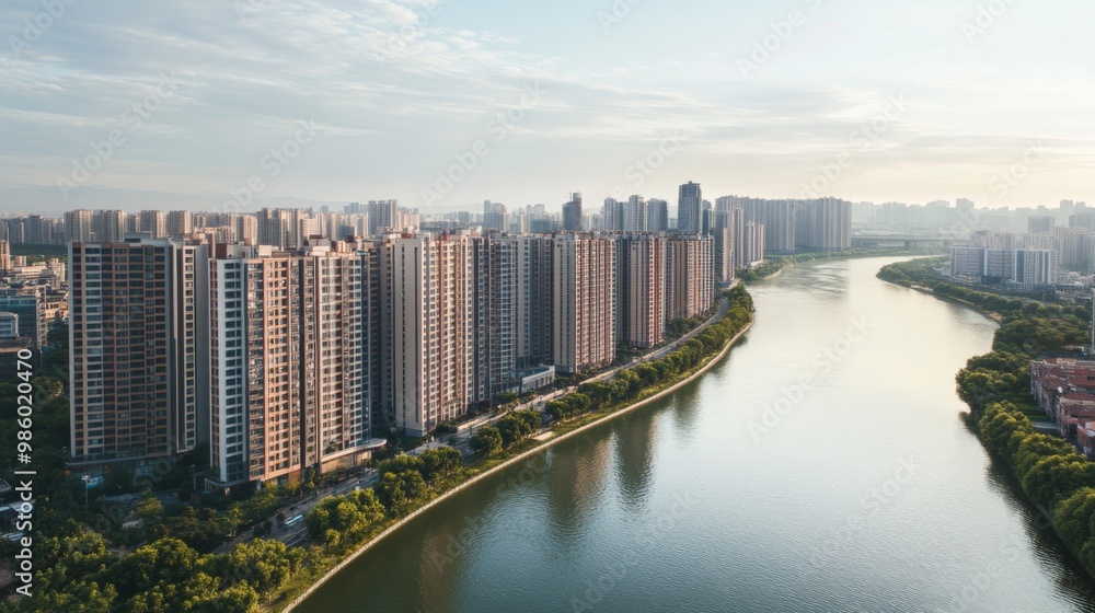 Naklejka premium An aerial view of a cluster of modern high-rise buildings situated by a wide river, showcasing the urban development and the natural flow of the water below.