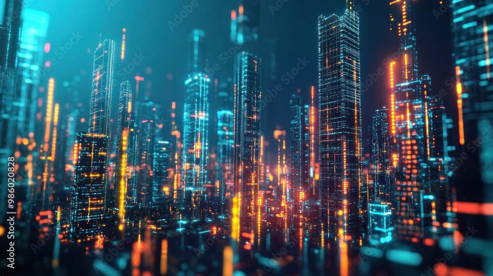Fototapeta premium Futuristic cityscape with glowing skyscrapers and vibrant lights.