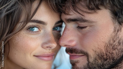 An intimate close-up of a young couple expressing quiet affection, with delicate lighting highlighting their emotions and a serene backdrop setting the mood.