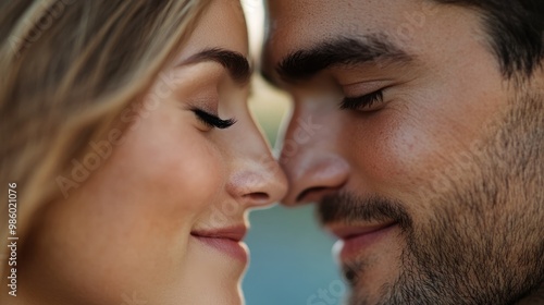 This close-up image showcases intimate details of a couple's interaction with beautifully blurred background. The composition emphasizes connection and intimacy.