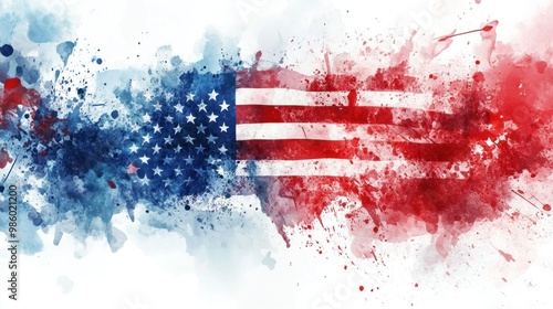 USA flag in a watercolor splash style, vibrant reds and blues flowing organically,