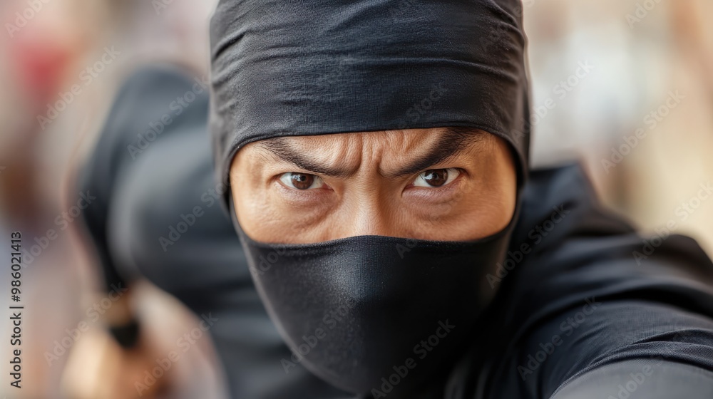 A detailed close-up of an individual in ninja attire, dynamically captured in action mode with a backdrop hinting at an urban setting, evoking mystery and excitement. A detailed close-up of an individual in ninja attire, dynamically captured in action mode with a backdrop hinting at an urban setting, evoking mystery and excitement.