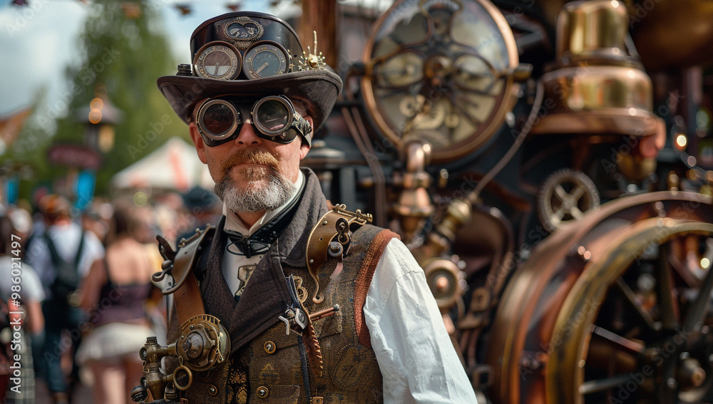 A steampunk festival with attendees dressed in elaborate, gear-laden costumes A steampunk festival with attendees dressed in elaborate, gear-laden costumes